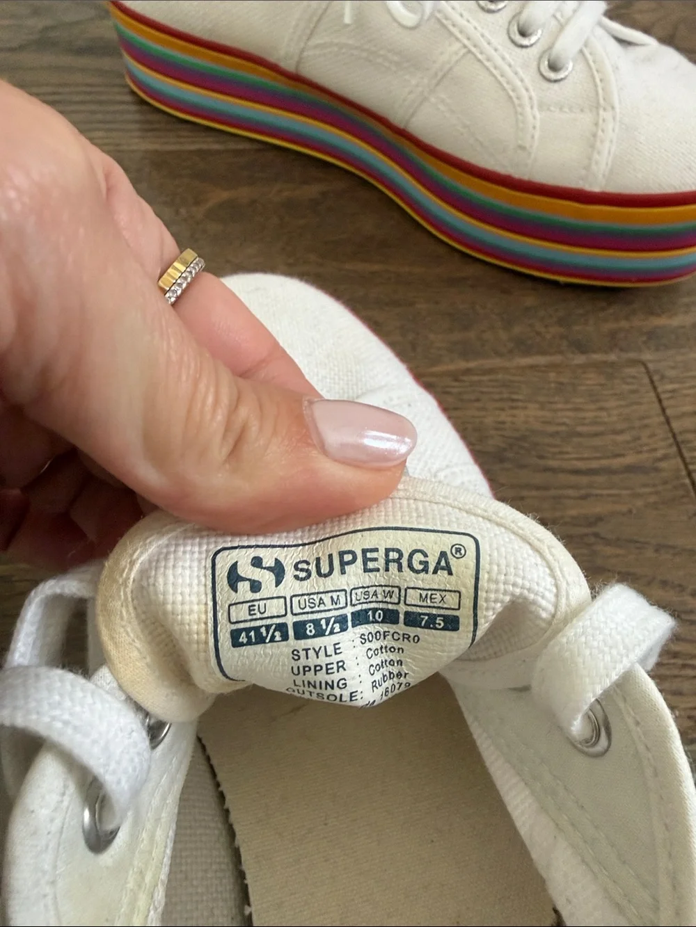 Superga White Canvas Platform Sneakers with Rainbow Stripe Sole